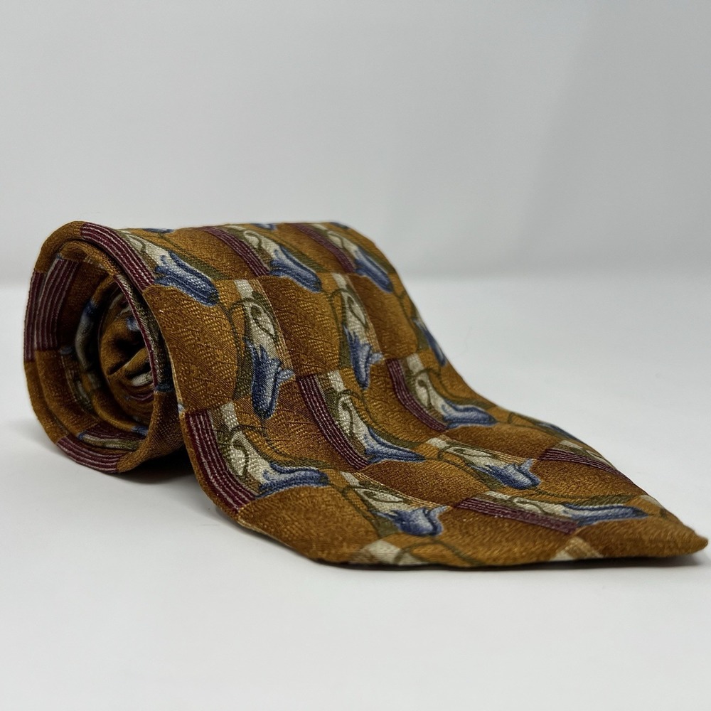 Ermenegildo Zegna Italy Men's 100% Silk Necktie Floral Gold‎ Blue Bronze